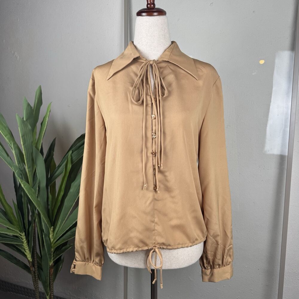 1970s Secretary Chic Studio 54 Daywear Vintage Blouse with Built in Tie Size 14